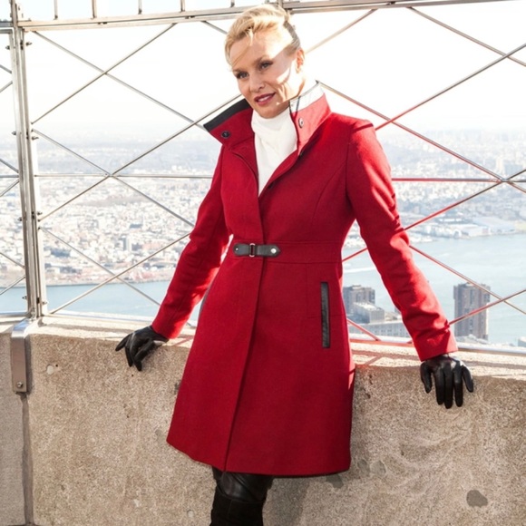 Via Spiga Red Wool + Black Faux Leather Posh Peatcoat - Picture 2 of 16